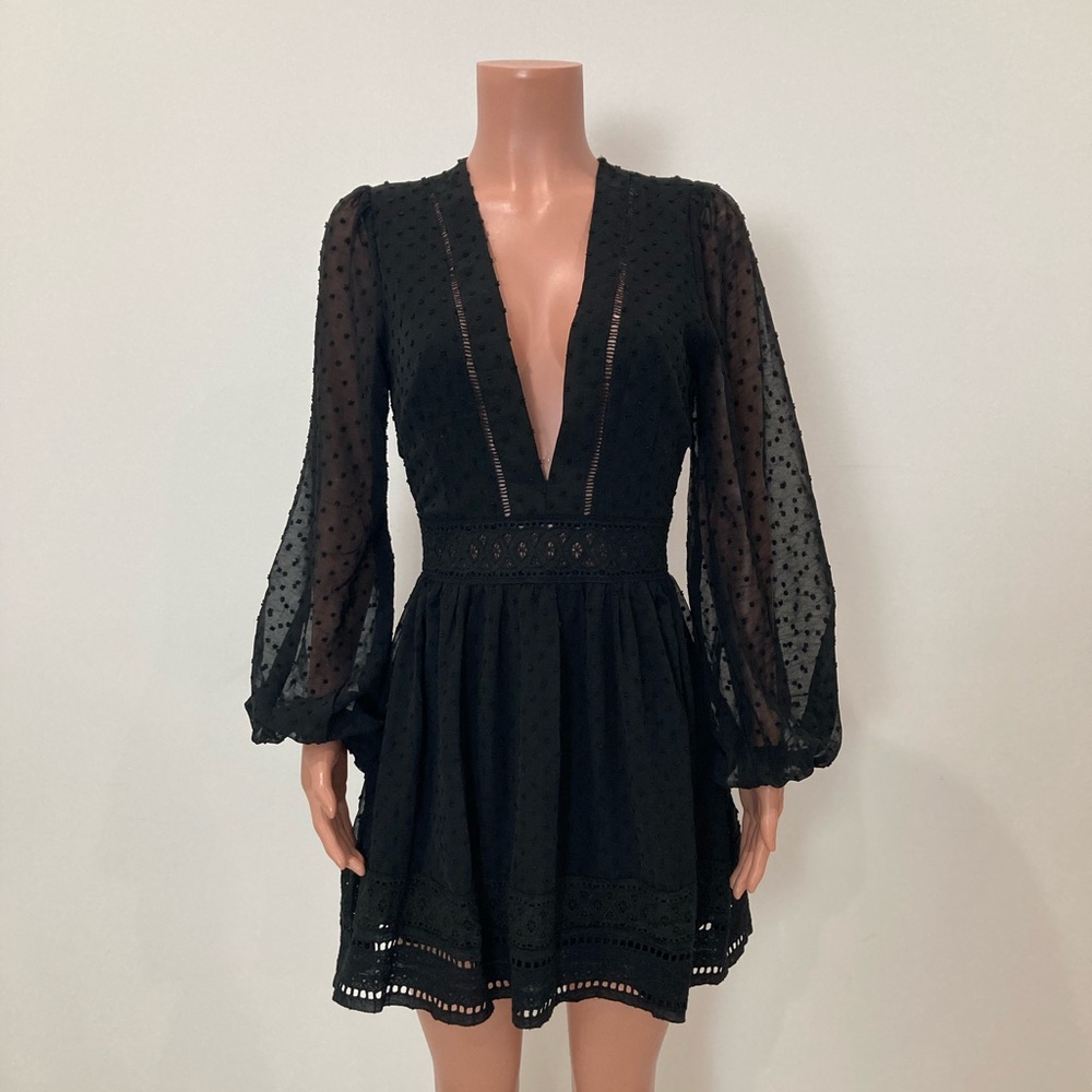 VANILLA BAY Black Deep V Neck Lantern Sleeve A Line Mini Dress 3D Polka Dots S